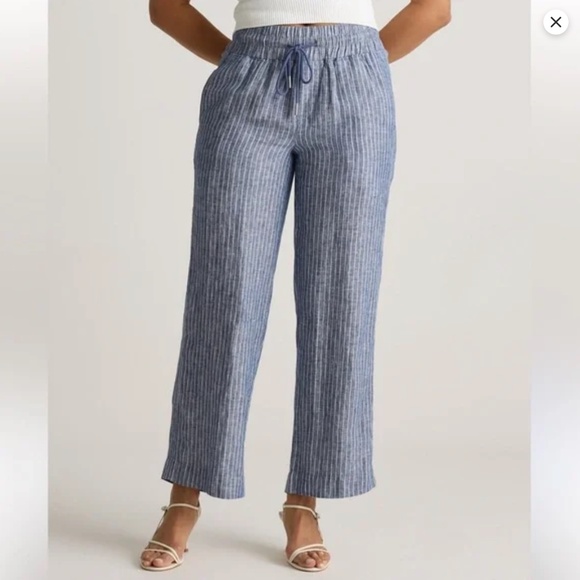 Quince European Linen Wide Leg Cropped Pants XL Chambray Blue Stripe Pockets - Picture 10 of 11